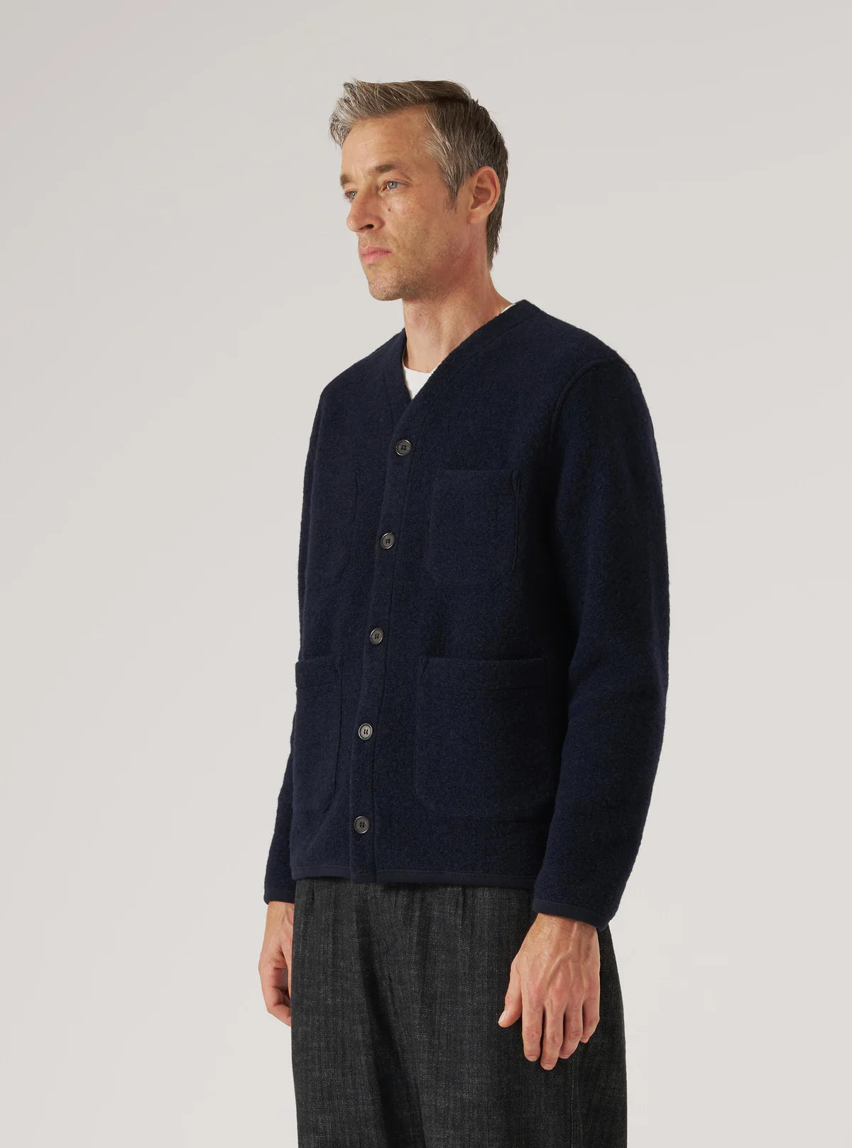 Cardigan Navy Wool Fleece